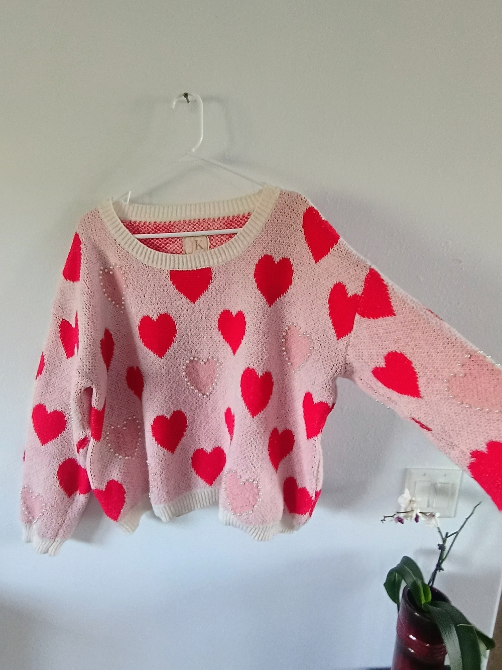 JK XL Pink Heart Sweater Rhinestone Valentine Coquette Fuzzy Knit Pullover Top - Picture 2 of 9